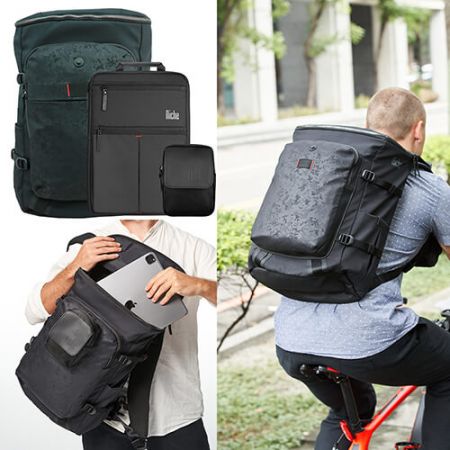 Full Open Top Backpack with Magnet Buckle for Laptop Sleeve and Mobile Pouch - Bike Commute Sport Backpack with Modular magnetic SNAP fasteners, a seperate detachable Laptop Sleeve and accessories Pouch